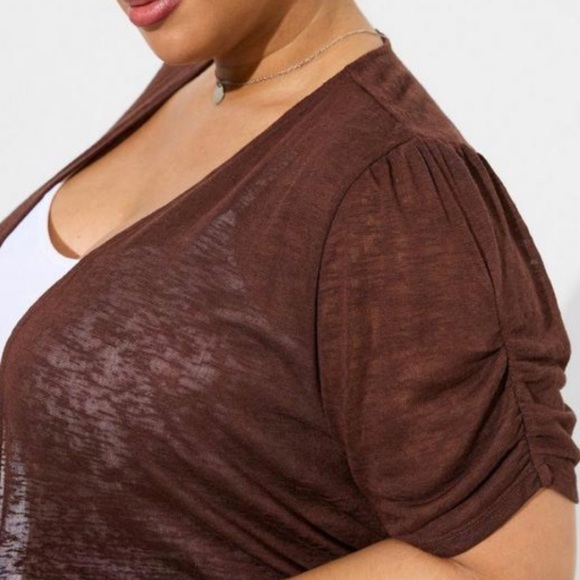 🆕 Duster Cardigan Ruched Short Sleeve 2 2X 18 20 NWT Torrid New Brown Sweater - Picture 3 of 5